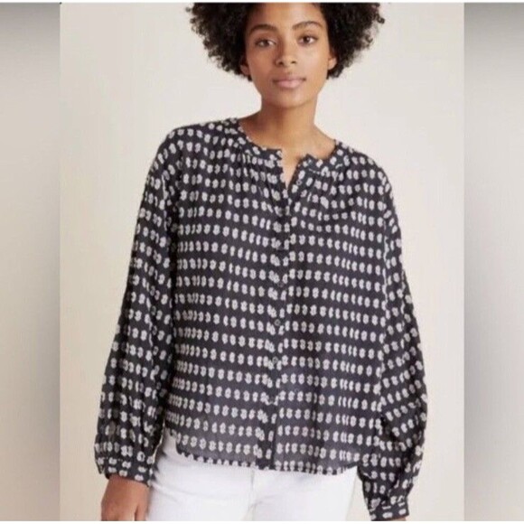 ANTHROPOLOGIE PILCRO Tavi Textured Button-Down Blouse Size XL Navy Blue Peasant - Picture 1 of 7